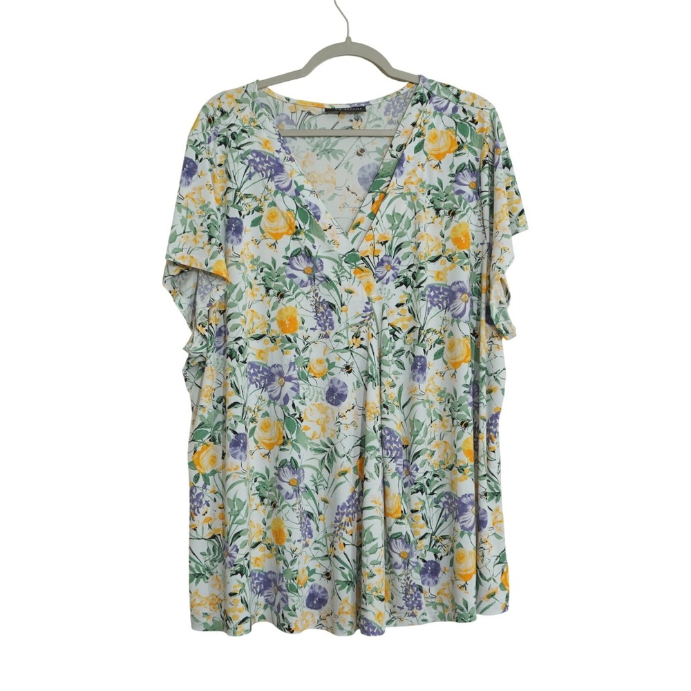 Lane Bryant Women's 26/28 Floral Bumblebee Surplice V-Neck Short Sleeve Blouse